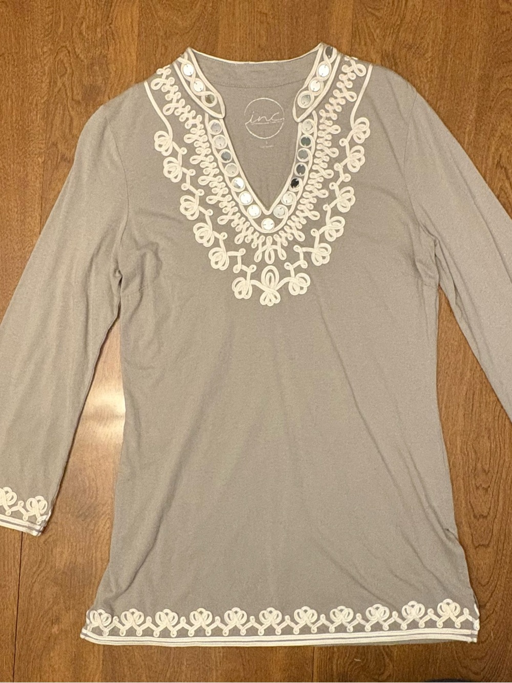 INC International Concepts Light Gray V-Neck Embroidered Women's Top